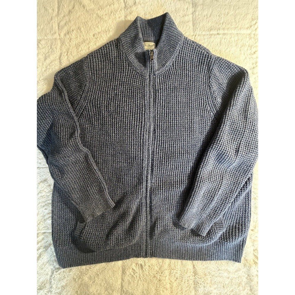L L Bean Sweater Mens Full Zip Organic Cotton Waffle Knit Heavyweight Blue